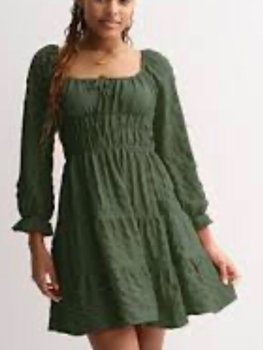 Green Long Sleeve Smocked Mini Dress. Size L